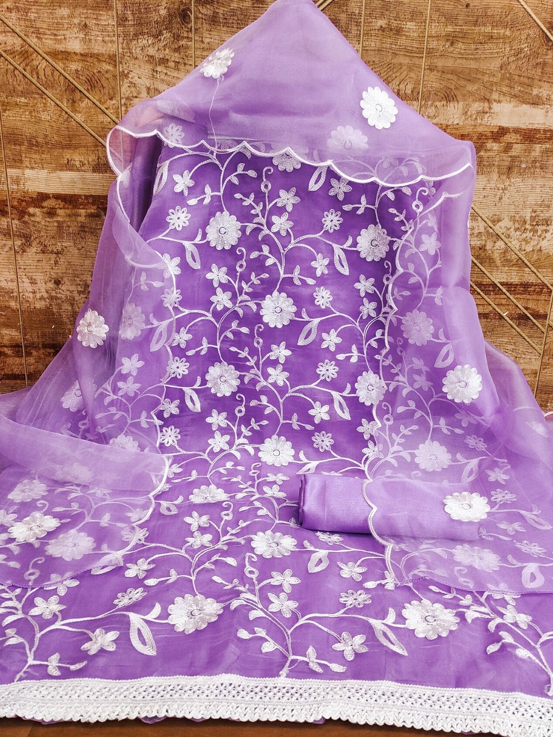 

Panzora Floral Embroidered Organza Unstitched Dress Material, Purple