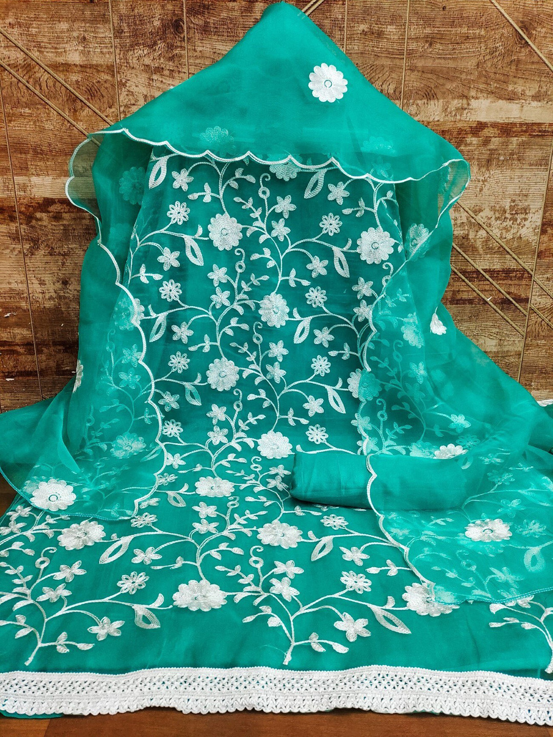 

Panzora Floral Embroidered Organza Unstitched Dress Material, Teal
