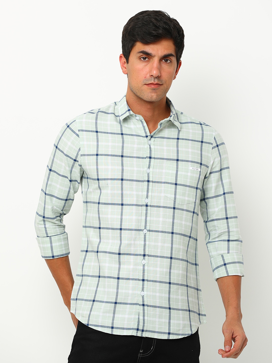 

FLY 69 Premium Slim Fit Windowpane Checked Pure Cotton Casual Shirt, Green