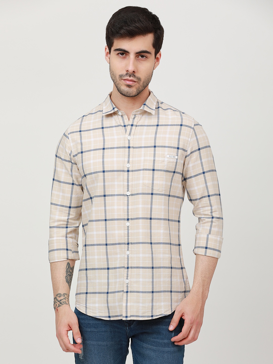 

FLY 69 Premium Slim Fit Windowpane Checks Pure Cotton Casual Shirt, Beige