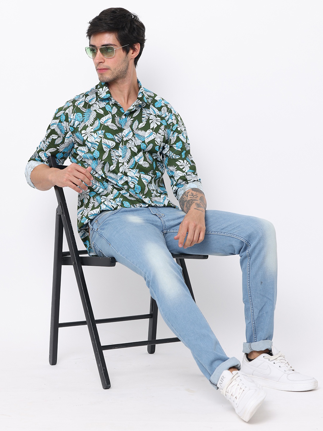 

FLY 69 Premium Slim Fit Floral Printed Pure Cotton Casual Shirt, Green