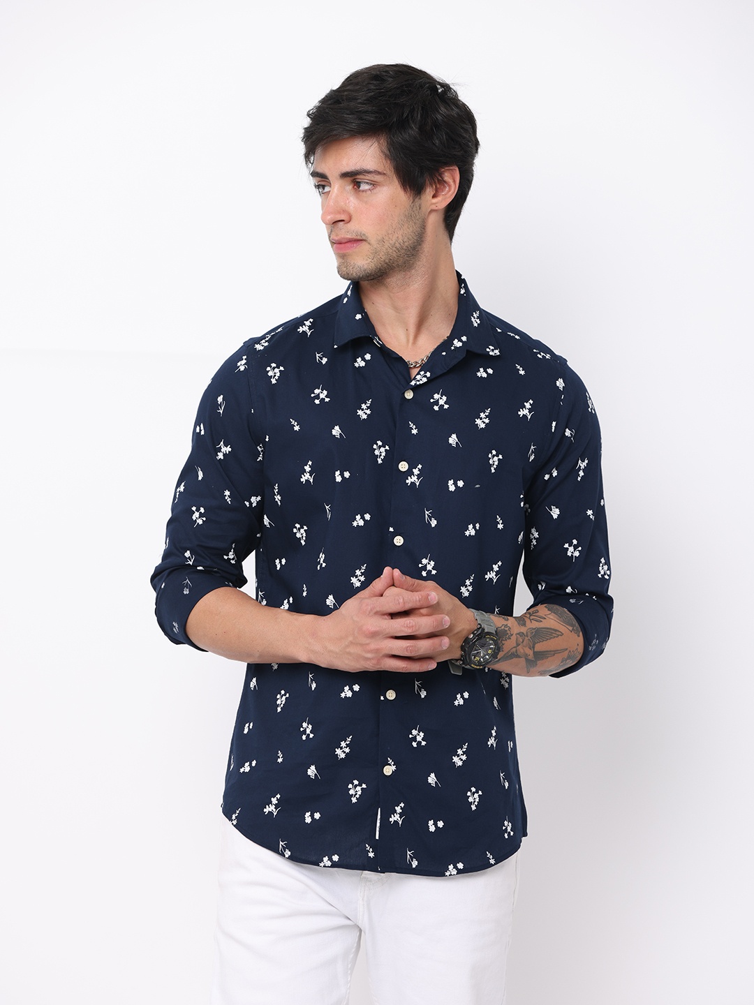 

FLY 69 Premium Slim Fit Conversational Printed Pure Cotton Casual Shirt, Navy blue