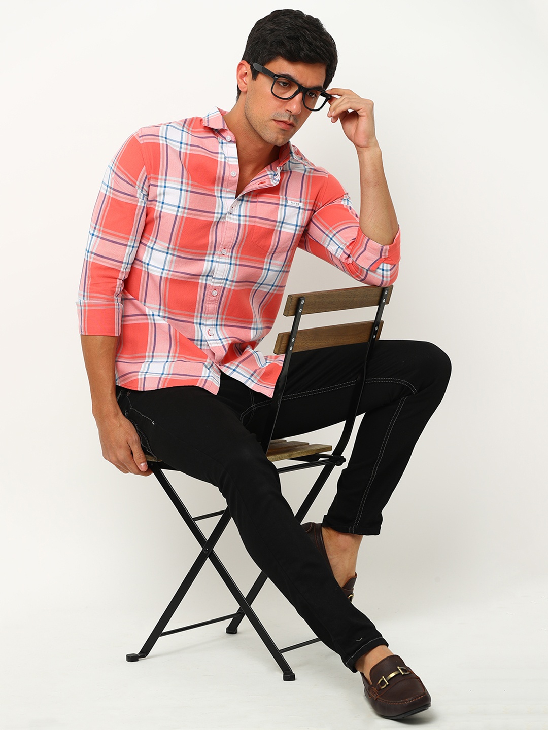 

FLY 69 Premium Slim Fit Tartan Checked Pure Cotton Casual Shirt, Pink