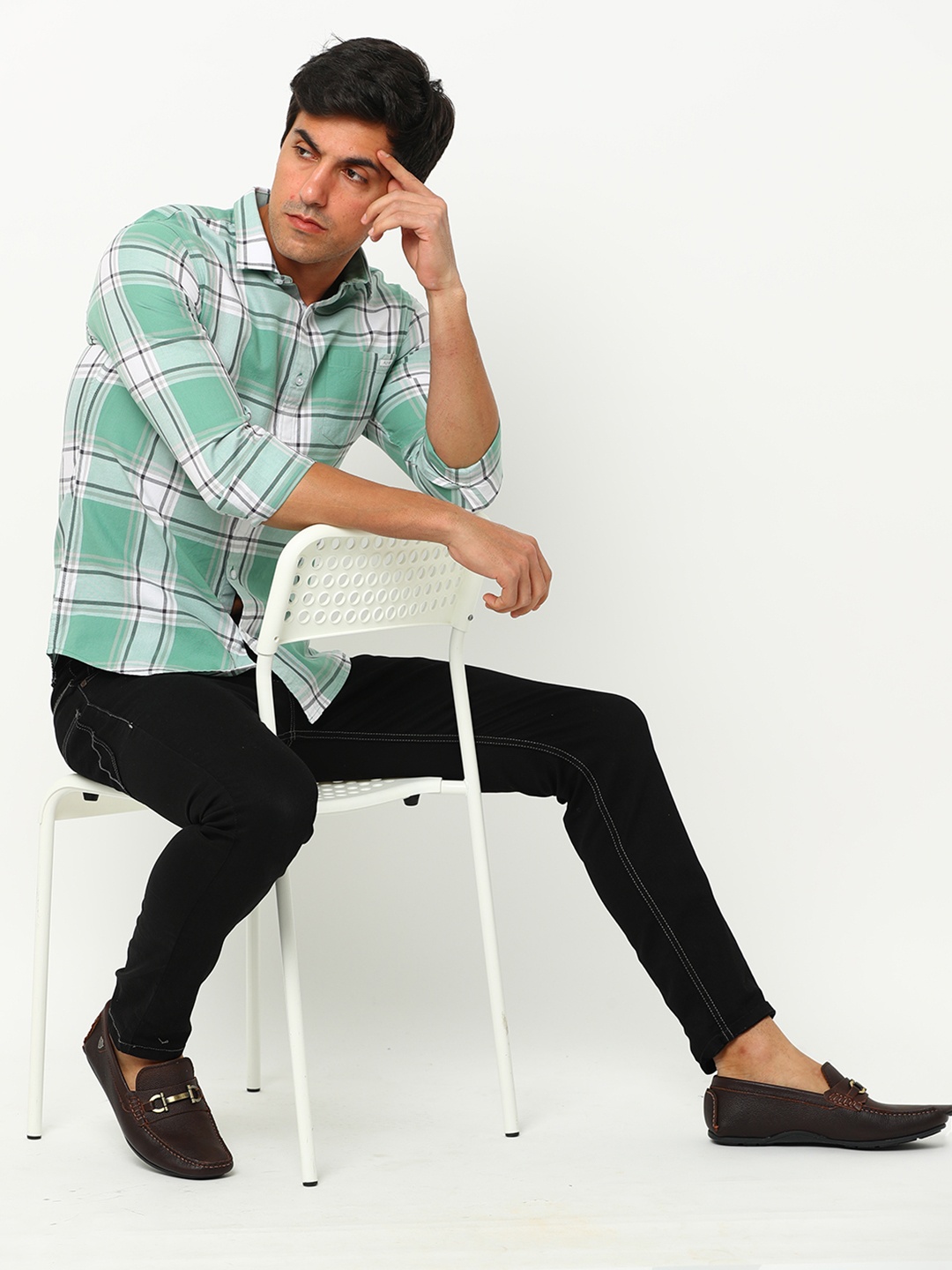 

FLY 69 Premium Slim Fit Tartan Checked Pure Cotton Casual Shirt, Green