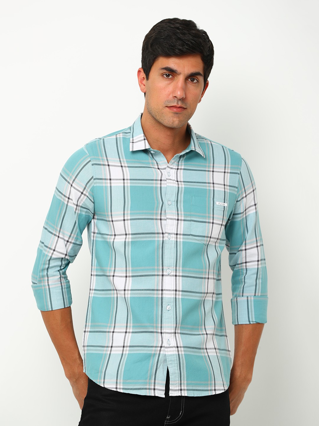 

FLY 69 Premium Slim Fit Tartan Checks Pure Cotton Casual Shirt, Blue