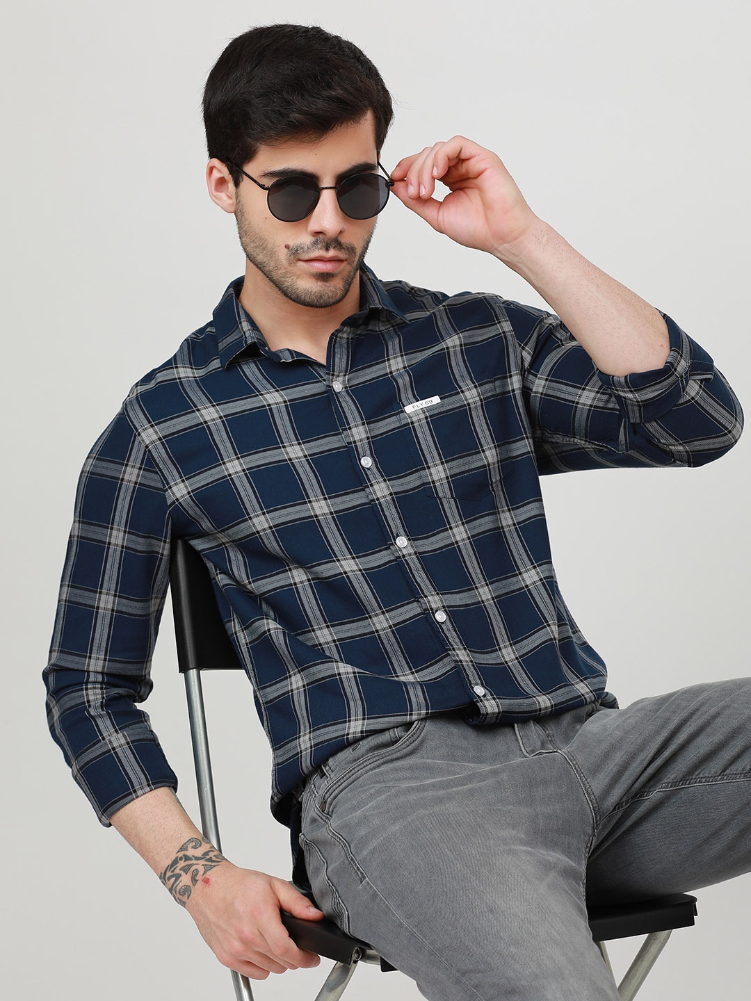 

FLY 69 Premium Slim Fit Tartan Checked Pure Cotton Casual Shirt, Navy blue