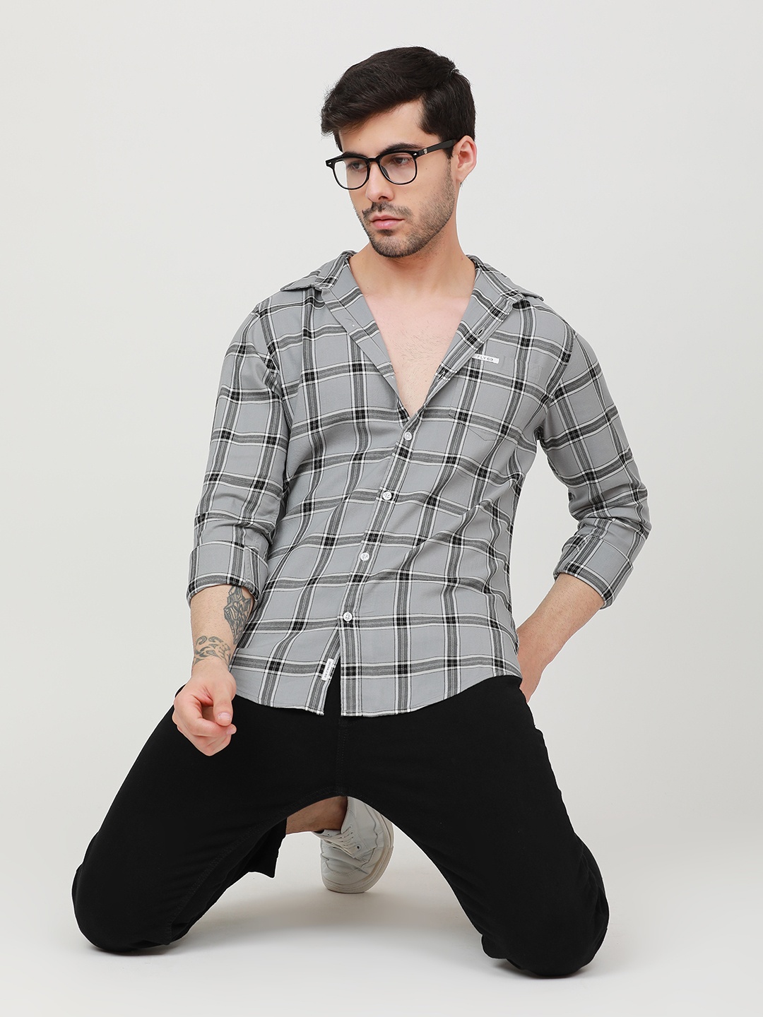 

FLY 69 Premium Slim Fit Windowpane Checked Pure Cotton Casual Shirt, Grey
