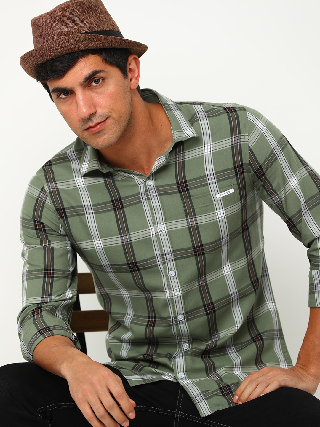 

FLY 69 Premium Slim Fit Tartan Checks Pure Cotton Casual Shirt, Green