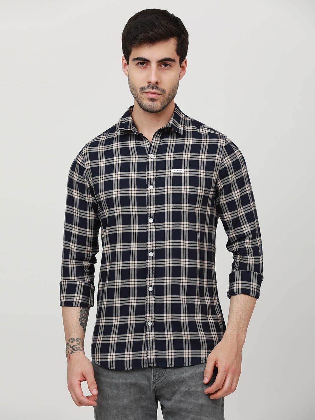 

FLY 69 Tartan Checked Premium Slim Fit Pure Cotton Casual Shirt, Navy blue