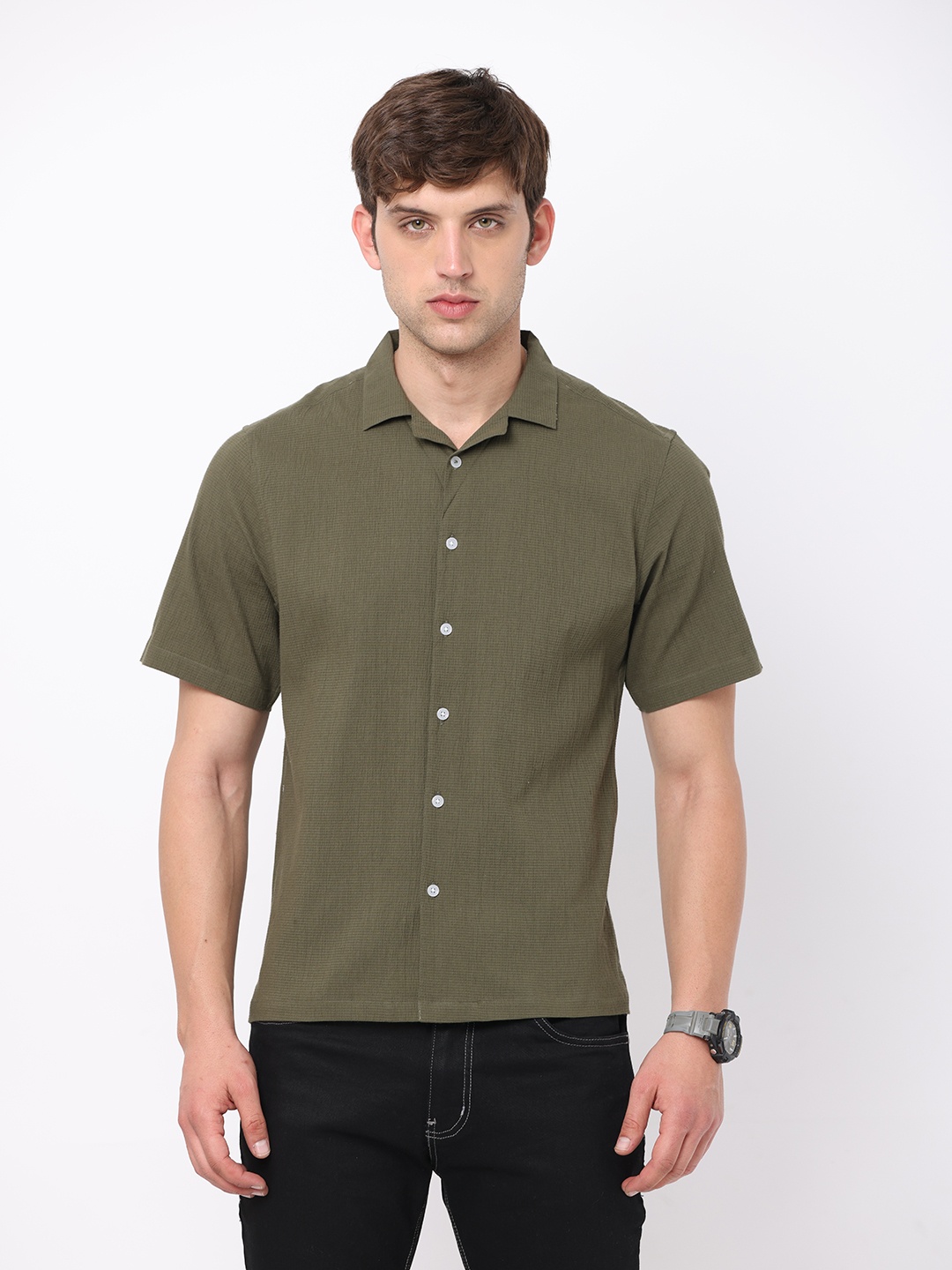 

FLY 69 Premium Slim Fit Cuban Collar Pure Cotton Casual Shirt, Green