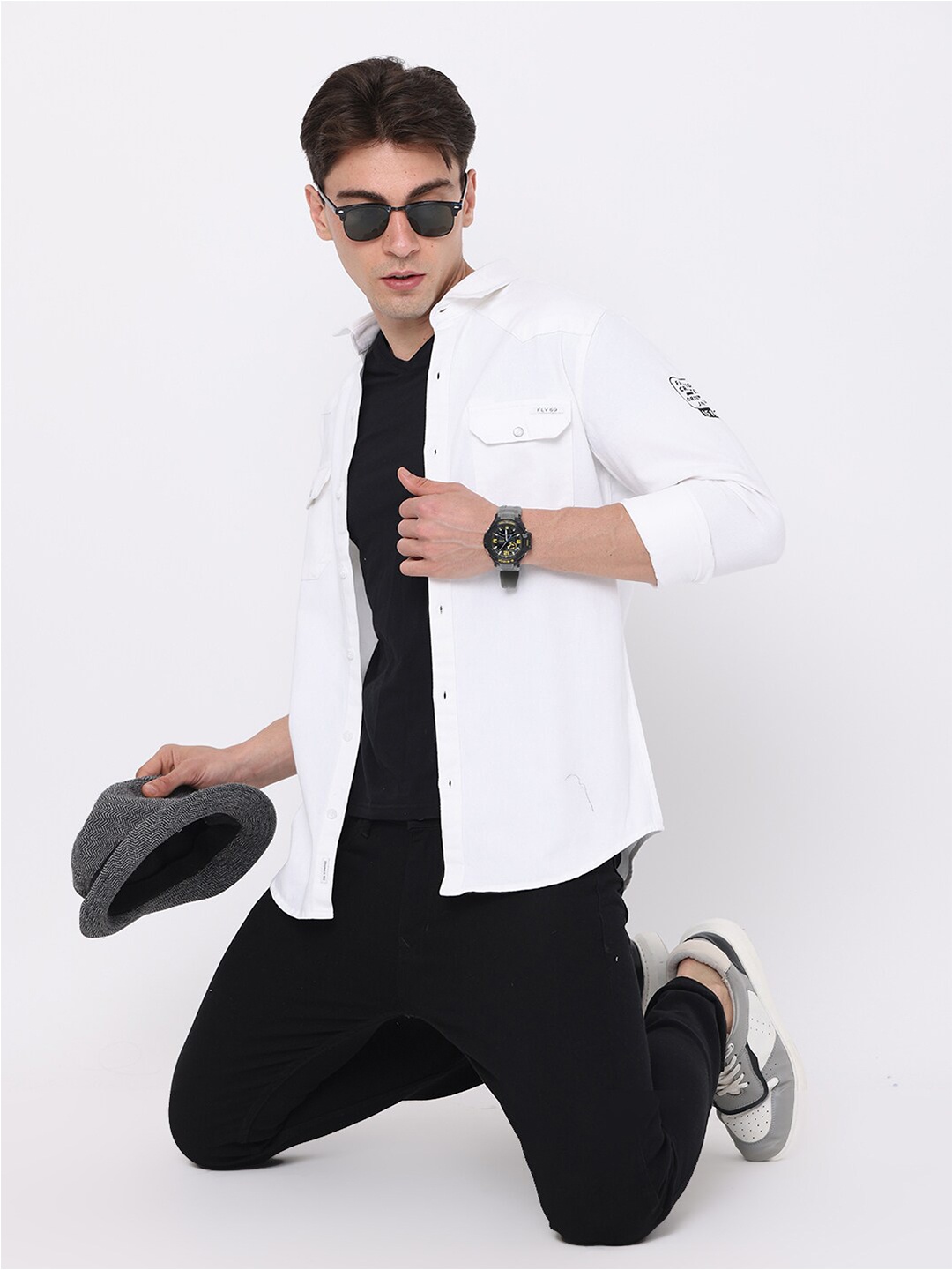 

FLY 69 Spread Collar Long Sleeves Premium Slim Fit Opaque Casual Shirt, White