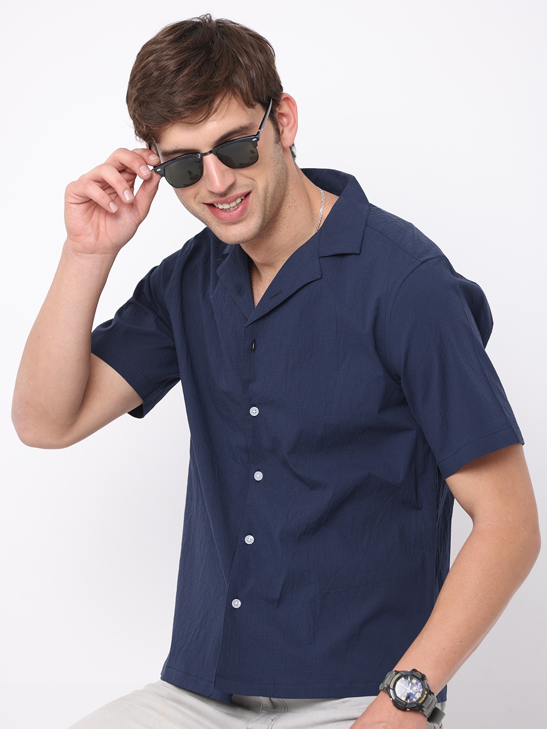 

FLY 69 Cuban Collar Premium Slim Fit Pure Cotton Casual Shirt, Navy blue