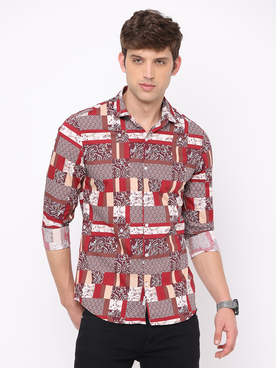 

FLY 69 Premium Slim Fit Geometric Printed Pure Cotton Casual Shirt, Brown