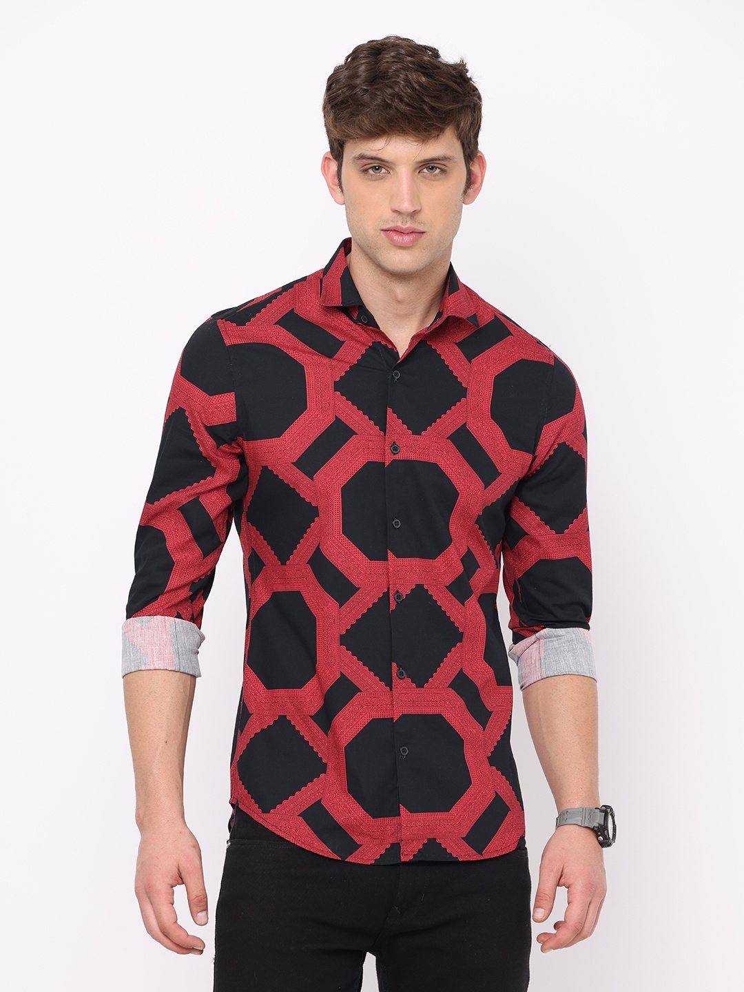 

FLY 69 Geometric Printed Premium Slim Fit Pure Cotton Casual Shirt, Red