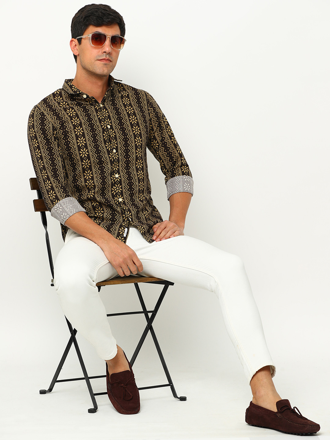 

FLY 69 Premium Slim Fit Floral Printed Spread Collar Pure Cotton Casual Shirt, Brown