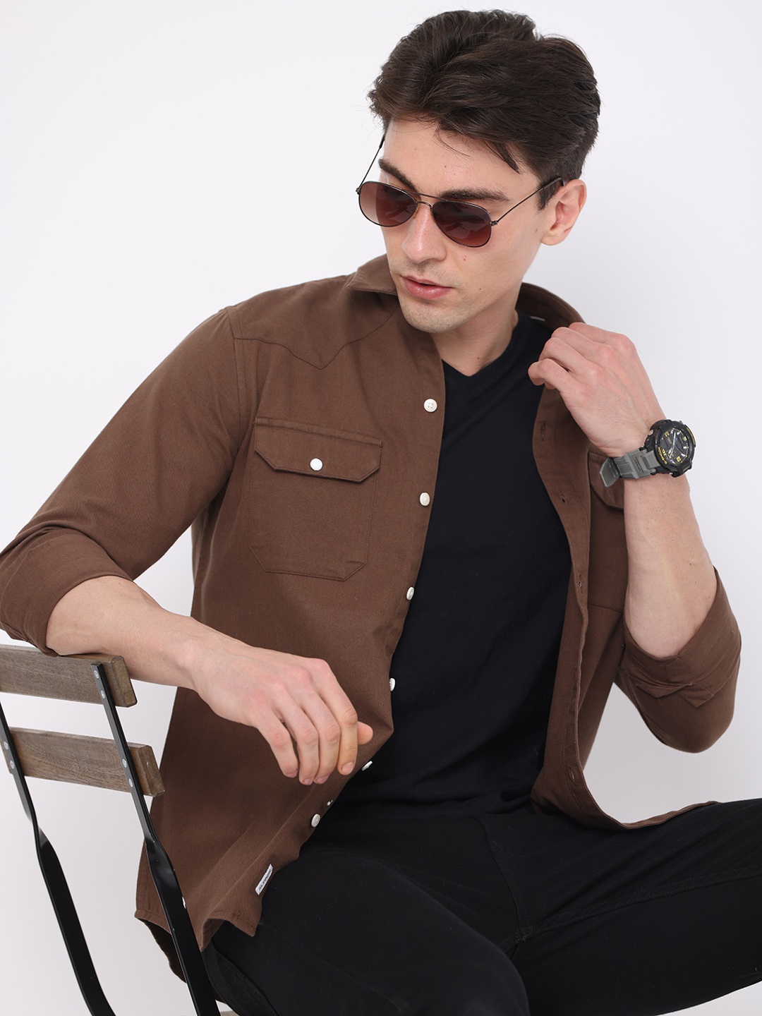 

FLY 69 Premium Slim Fit Spread Collar Pure Cotton Casual Shirt, Brown