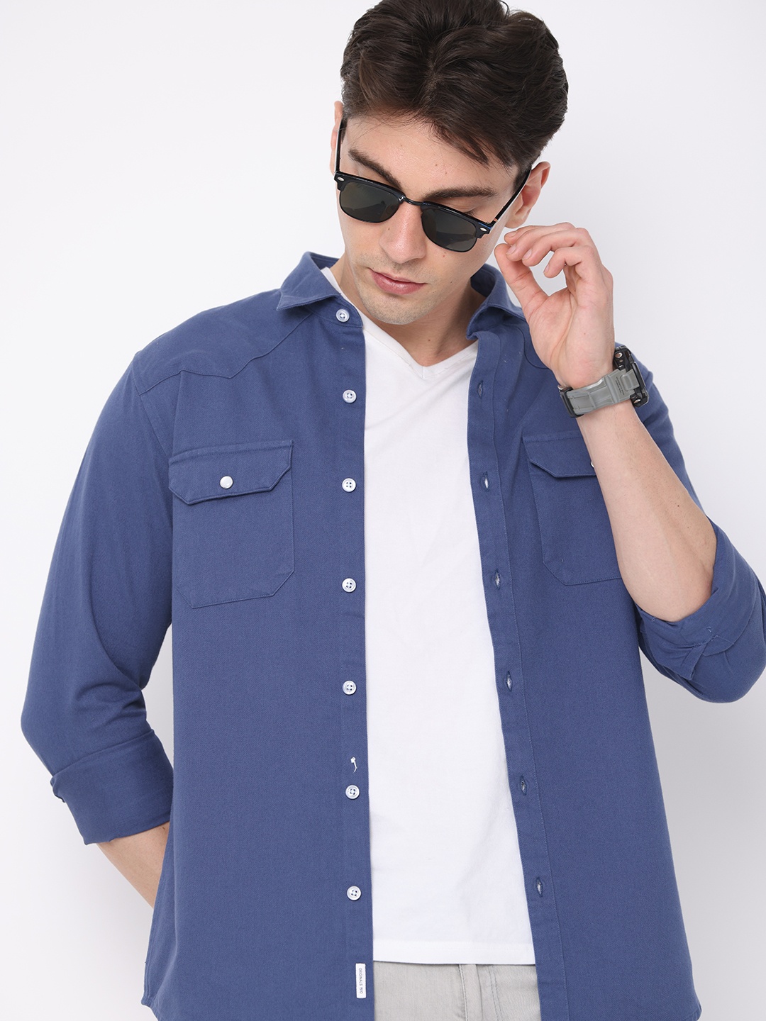 

FLY 69 Premium Slim Fit Spread Collar Cotton Shacket, Blue