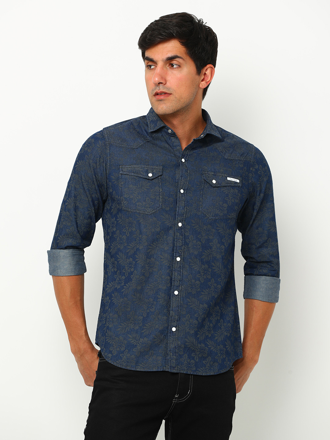 

FLY 69 Premium Slim Fit Floral Printed Spread Collar Long Sleeves Denim Casual Shirt, Blue