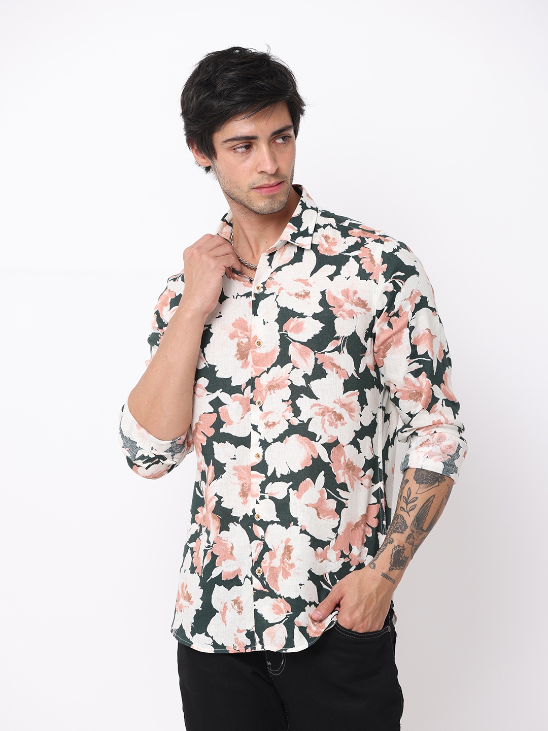 

FLY 69 Floral Printed Premium Slim Fit Cotton Linen Casual Shirt, Off white
