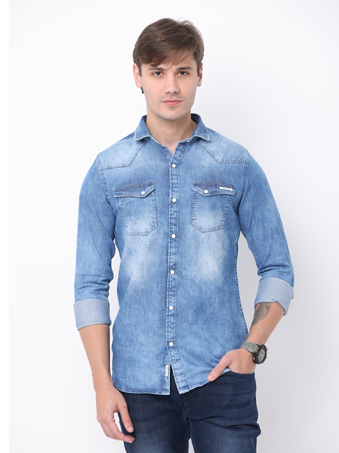 

FLY 69 Men Premium Slim Fit Faded Long Sleeves Pocket Casual Shirt, Blue