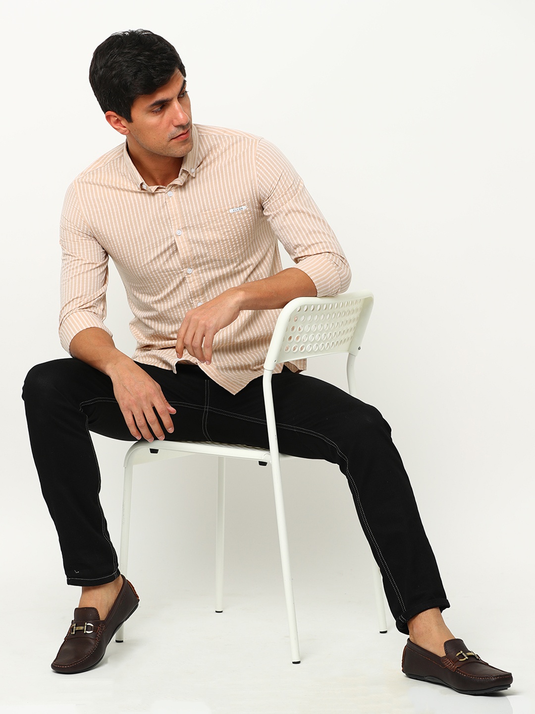 

FLY 69 Men Premium Slim Fit Striped Button-Down Collar Cotton Casual Shirt, Cream
