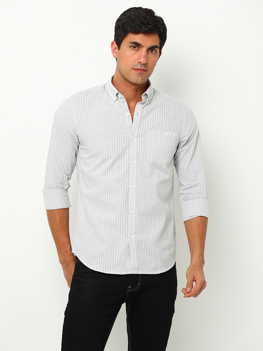 

FLY 69 Premium Slim Fit Vertical Striped Pure Cotton Casual Shirt, Grey