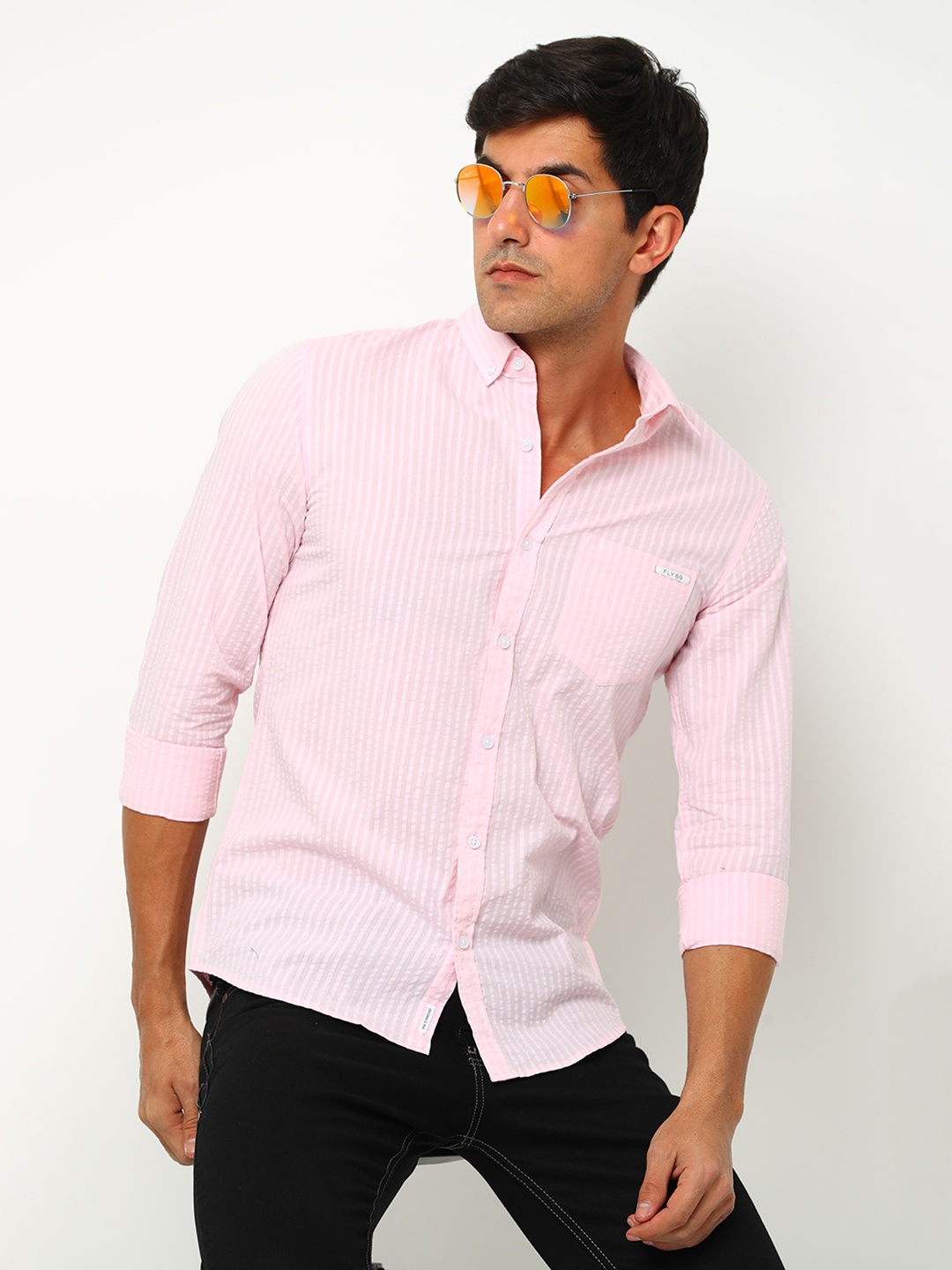

FLY 69 Premium Slim Fit Vertical Striped Button-Down Collar Cotton Casual Shirt, Pink