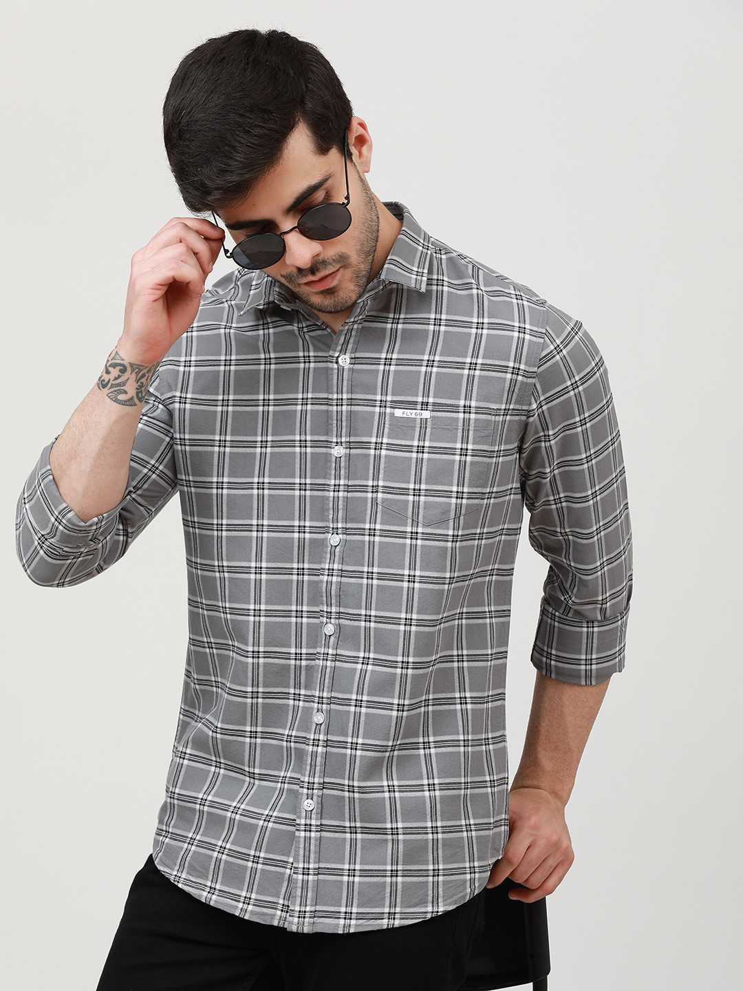 

FLY 69 Premium Slim Fit Grid Tattersall Checks Spread Collar Cotton Casual Shirt, Grey