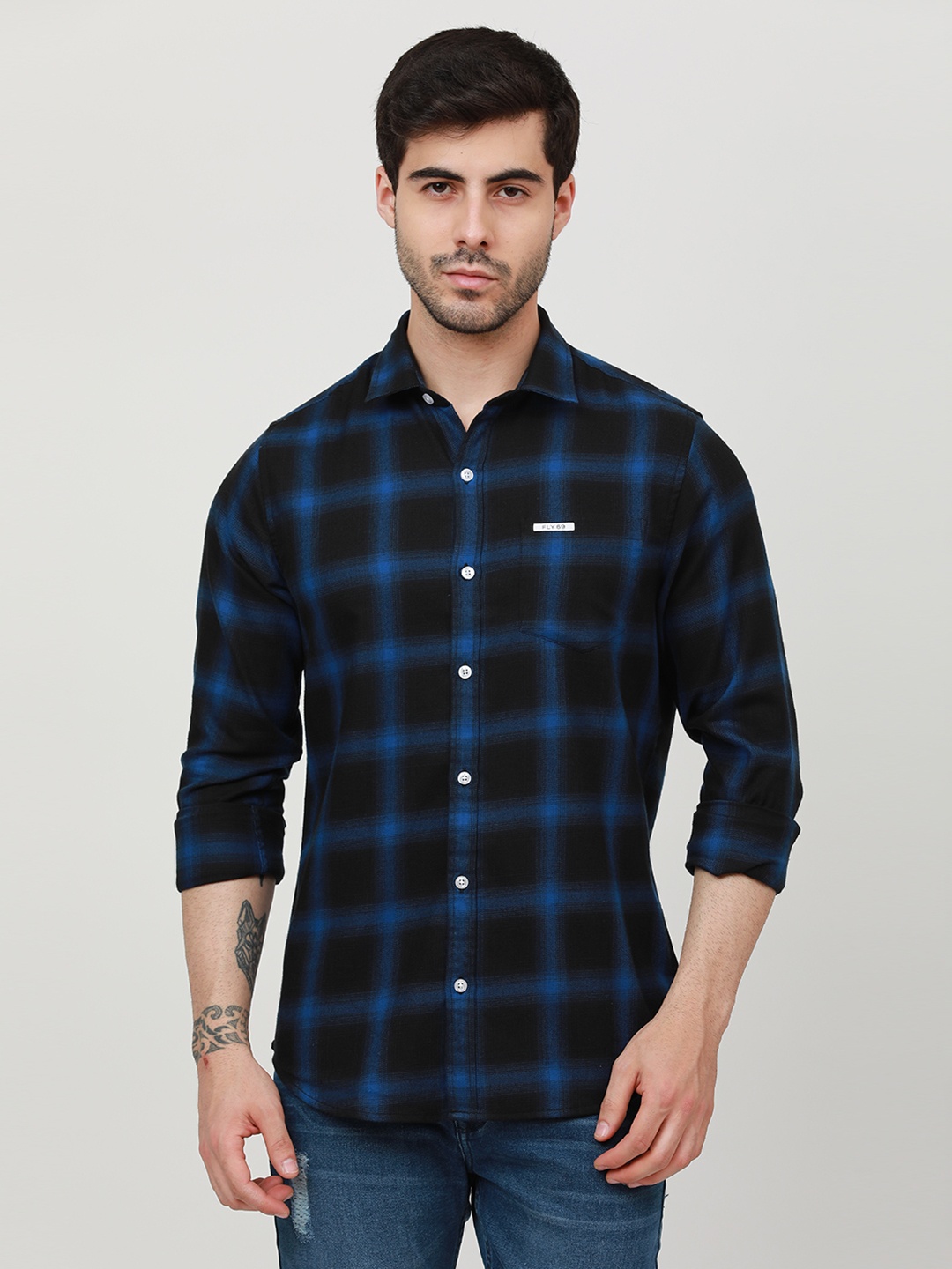 

FLY 69 Premium Slim Fit Windowpane Checked Spread Collar Pure Cotton Casual Shirt, Navy blue