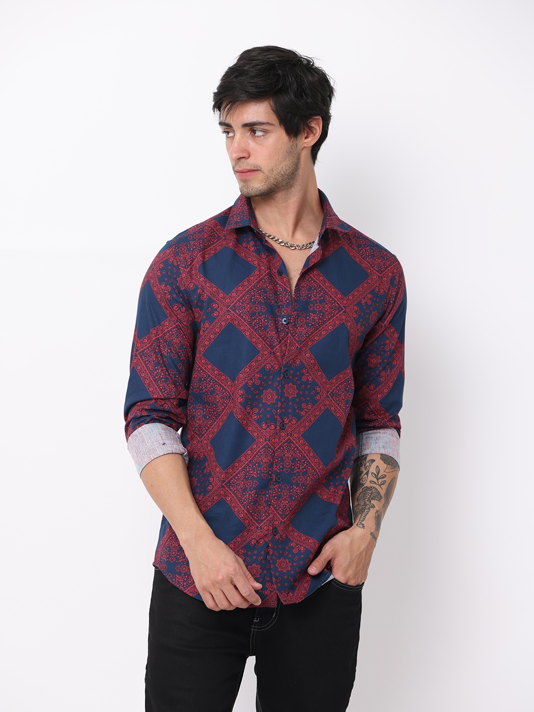 

FLY 69 Premium Slim Fit Gepmetric Printed Pure Cotton Casual Shirt, Red