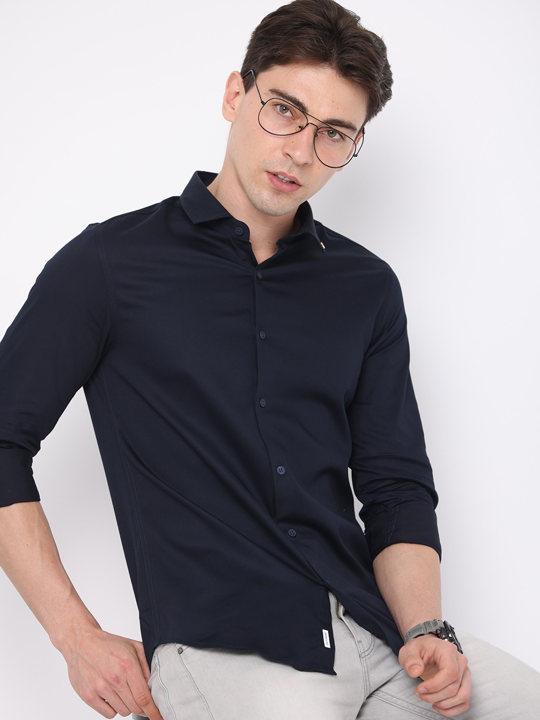 

FLY 69 Premium Slim Fit Pure Cotton Casual Shirt, Navy blue
