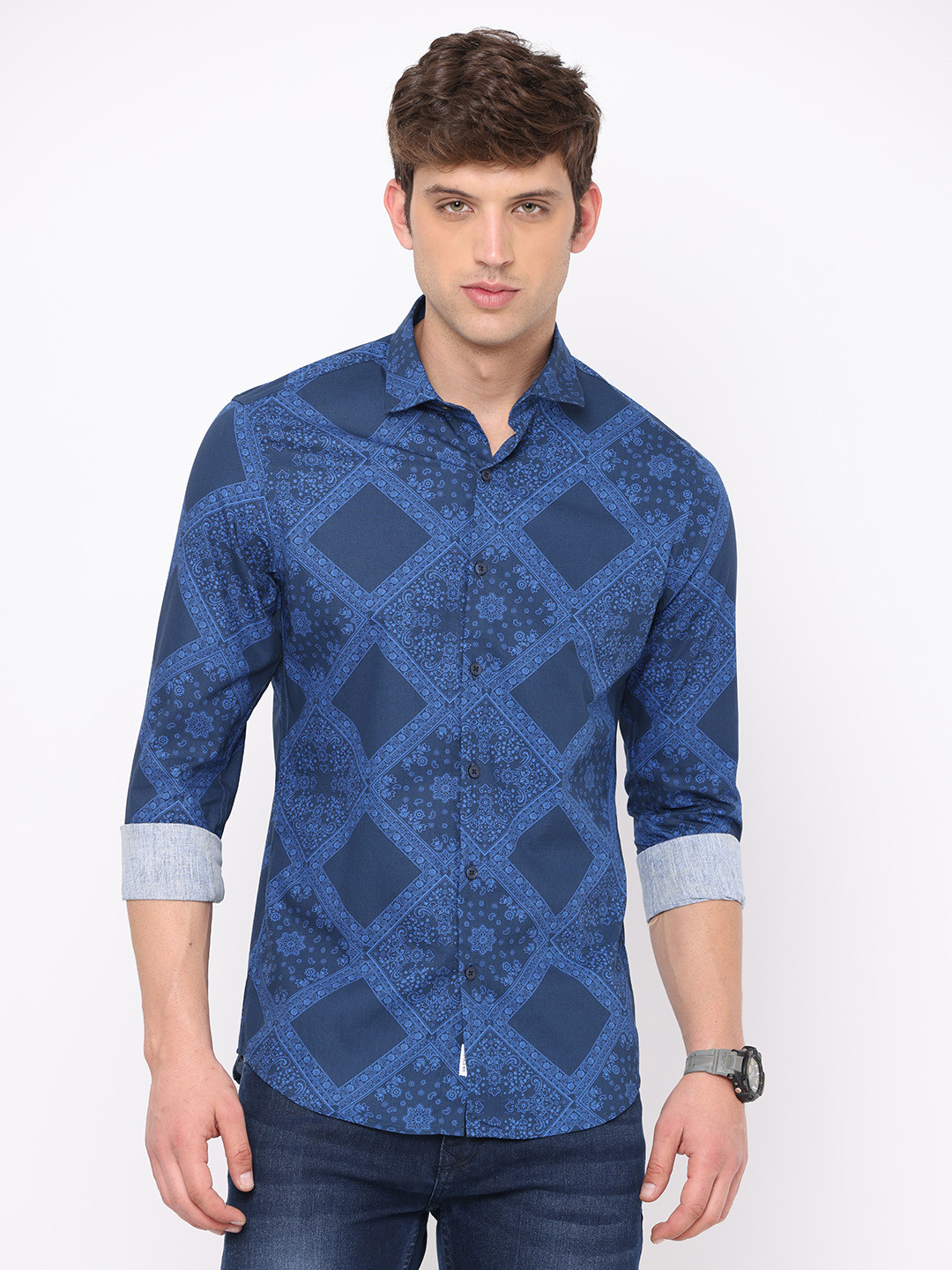 

FLY 69 Ethnic Motifs Printed Premium Slim Fit Pure Cotton Casual Shirt, Navy blue