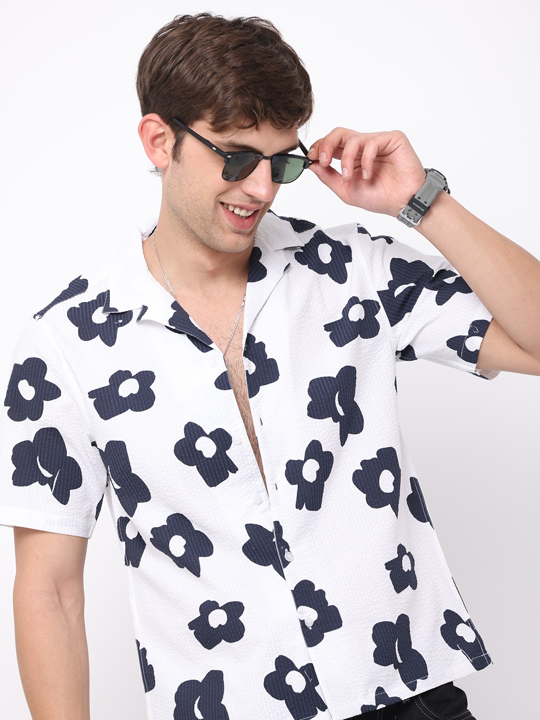 

FLY 69 Premium Slim Fit Floral Printed Cuban Collar Pure Cotton Casual Shirt, White