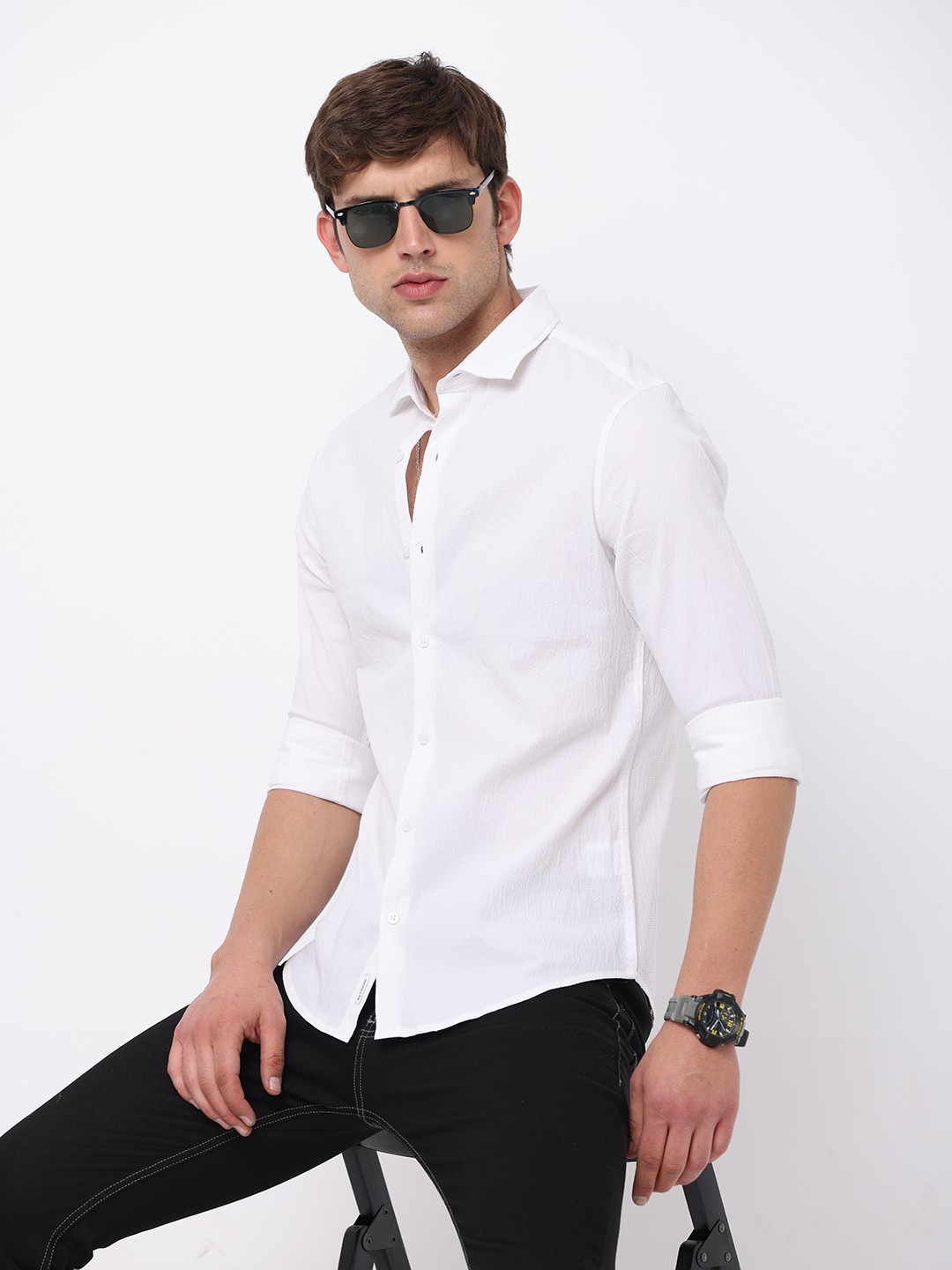 

FLY 69 Premium Slim Fit Spread Collar Long Sleeves Cotton Casual Shirt, White