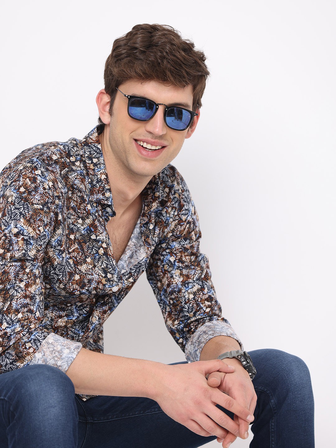 

FLY 69 Premium Slim Fit Abstract Printed Pure Cotton Casual Shirt, Navy blue