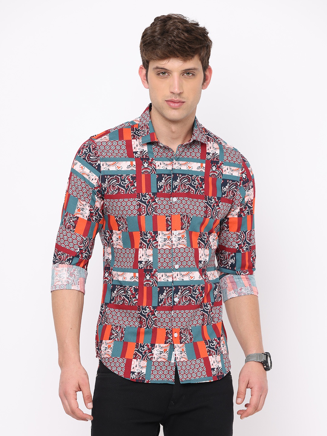 

FLY 69 Premium Slim Fit Floral Printed Spread Collar Cotton Casual Shirt, Red