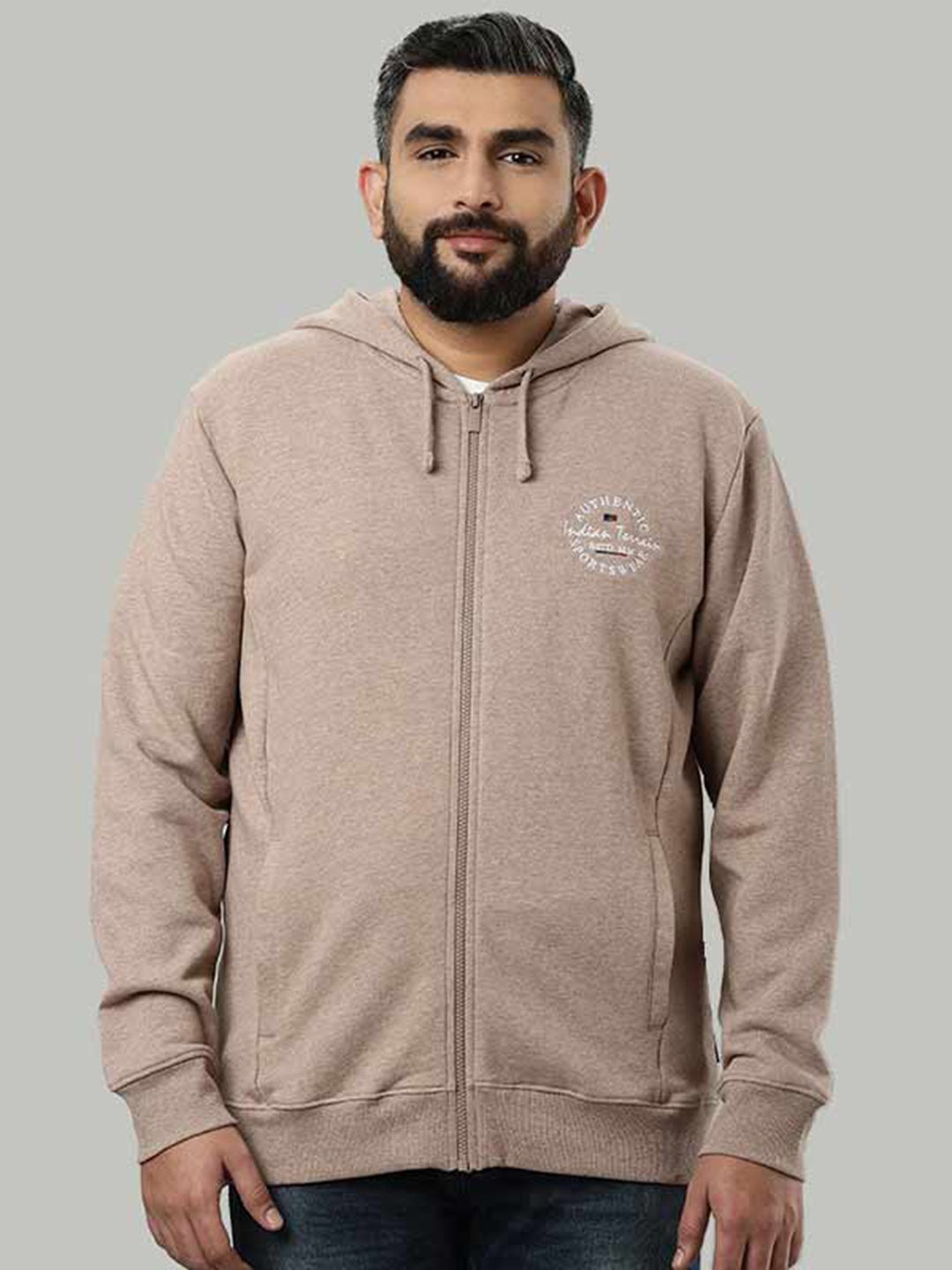 

Indian Terrain Hooded Front-Open Sweatshirt, Beige