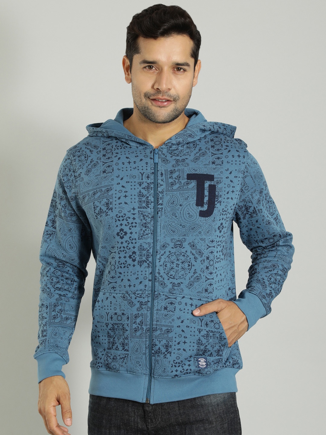 

Indian Terrain Ethnic Motif Printed Front-Open Sweatshirt, Blue