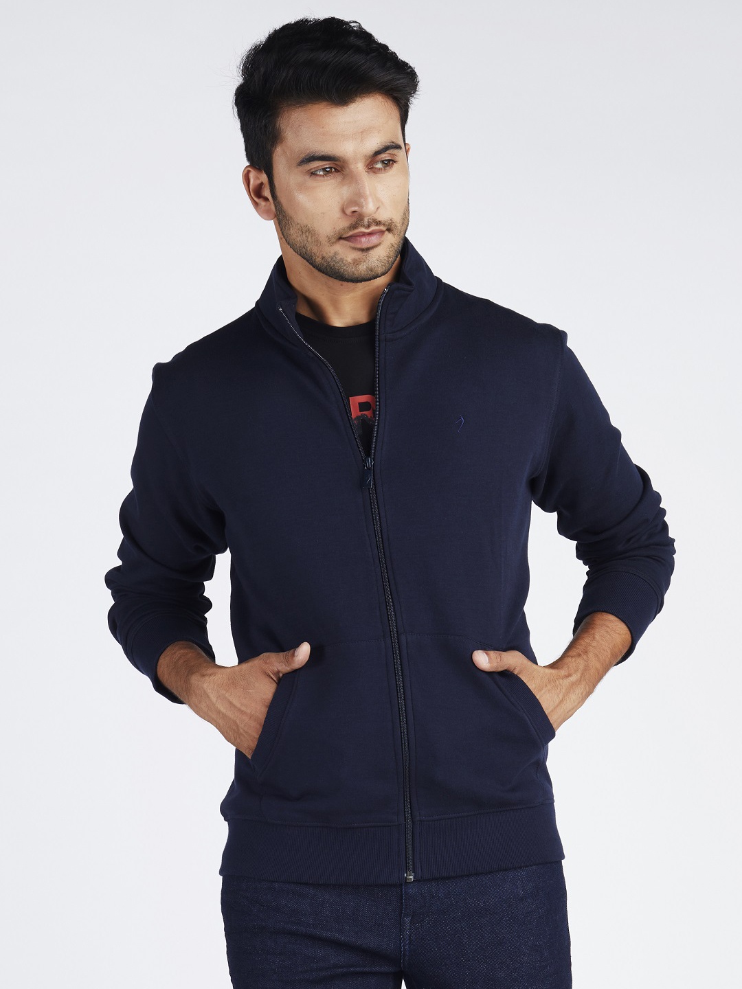 

Indian Terrain Solid Mock Collar Front-Open Sweatshirt, Navy blue