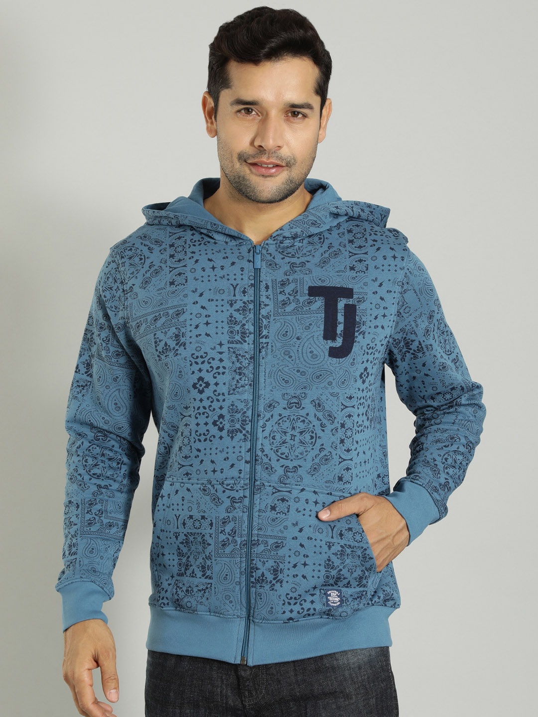 

Indian Terrain Ethnic Motifs Printed Front-Open Sweatshirt, Blue