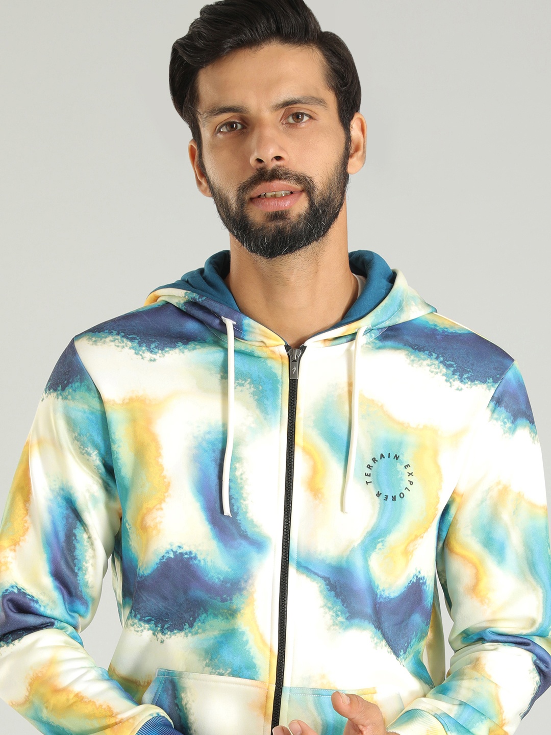 

Indian Terrain Abstract Printed Hooded Front-Open Sweatshirt, White