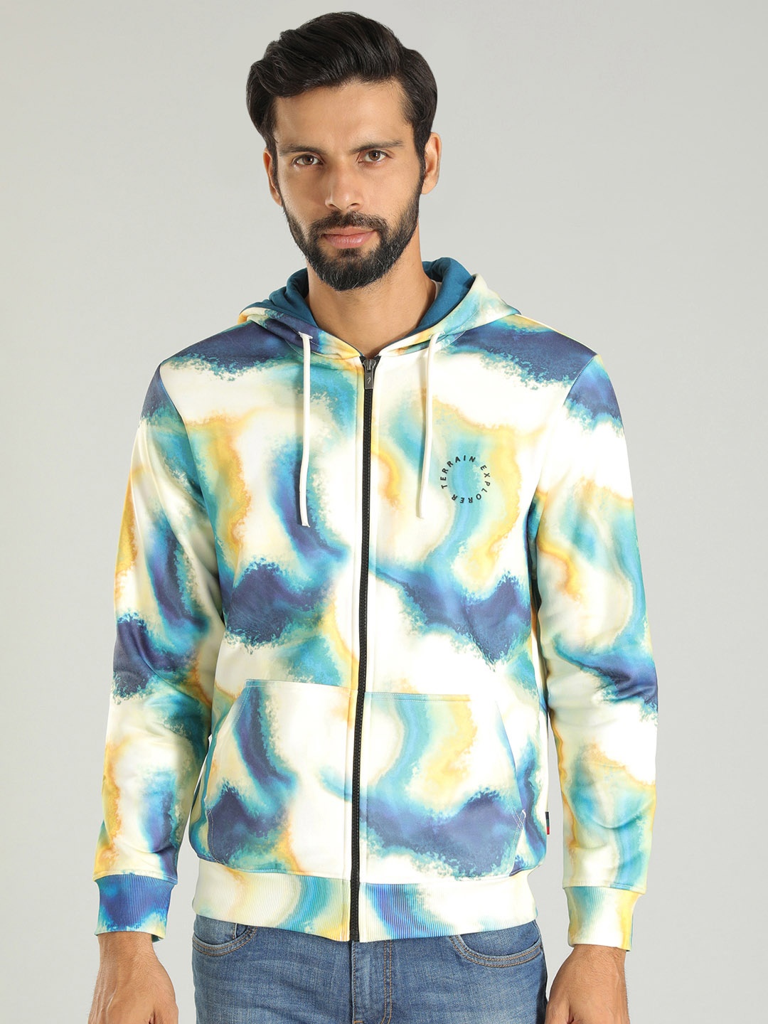 

Indian Terrain Abstract Printed Front Open Sweatshirt, Blue