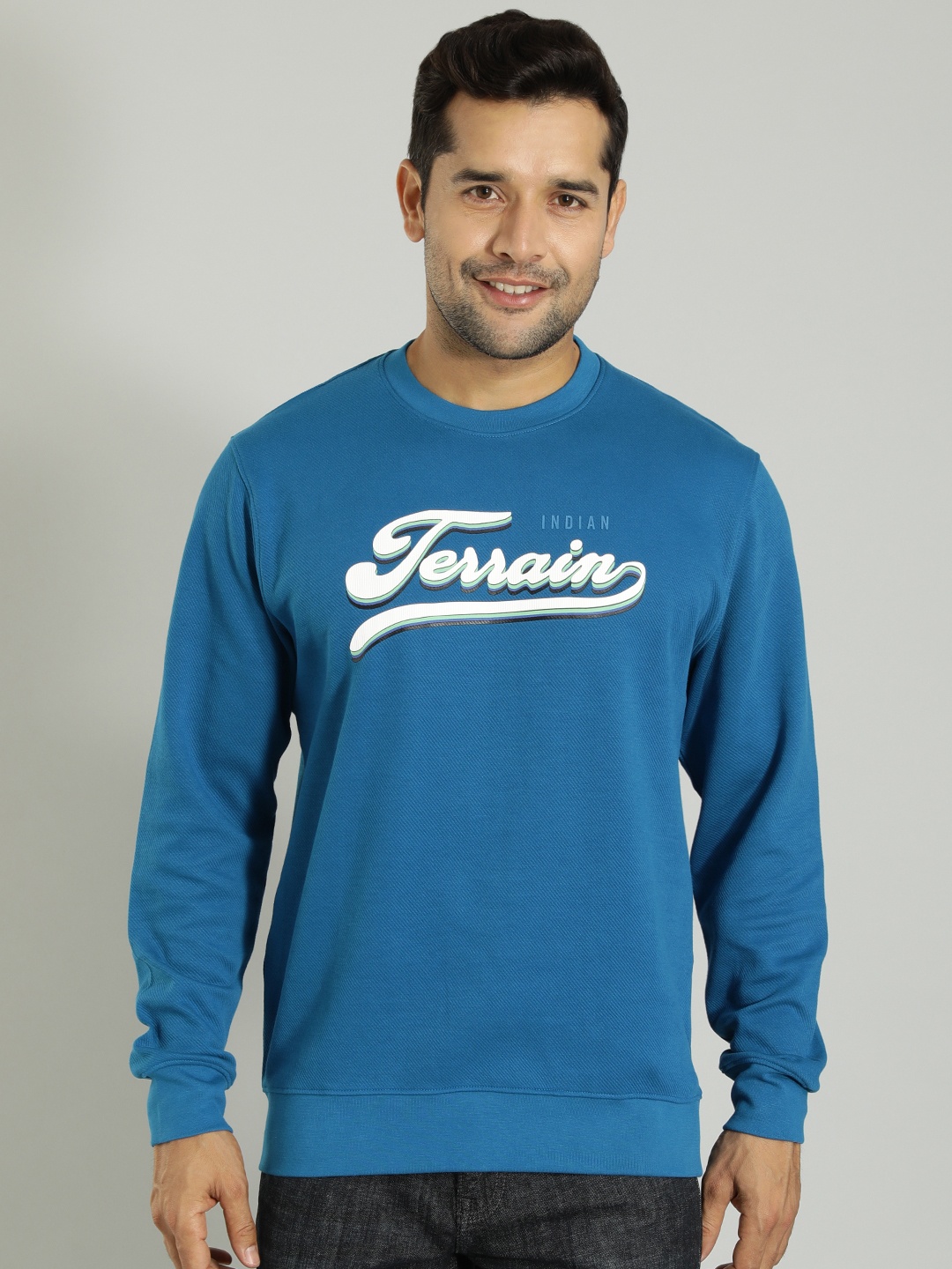 

Indian Terrain Typography Printed Round Neck Pure Cotton Pullover, Blue