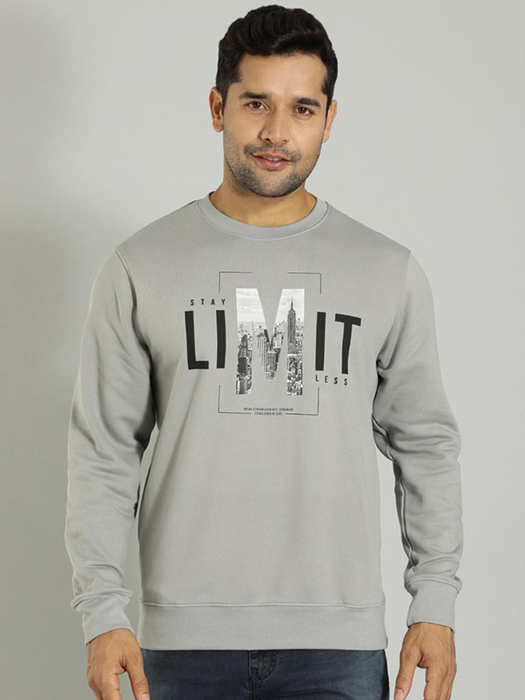 

Indian Terrain Typography Printed Round Neck Pullover, Grey
