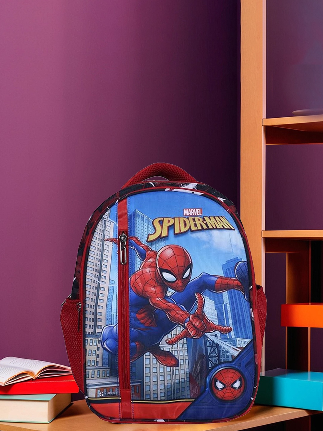 

Kuber Industries Unisex Kids Marvel-Spider Printed 4 Compartment School Backpack, Red