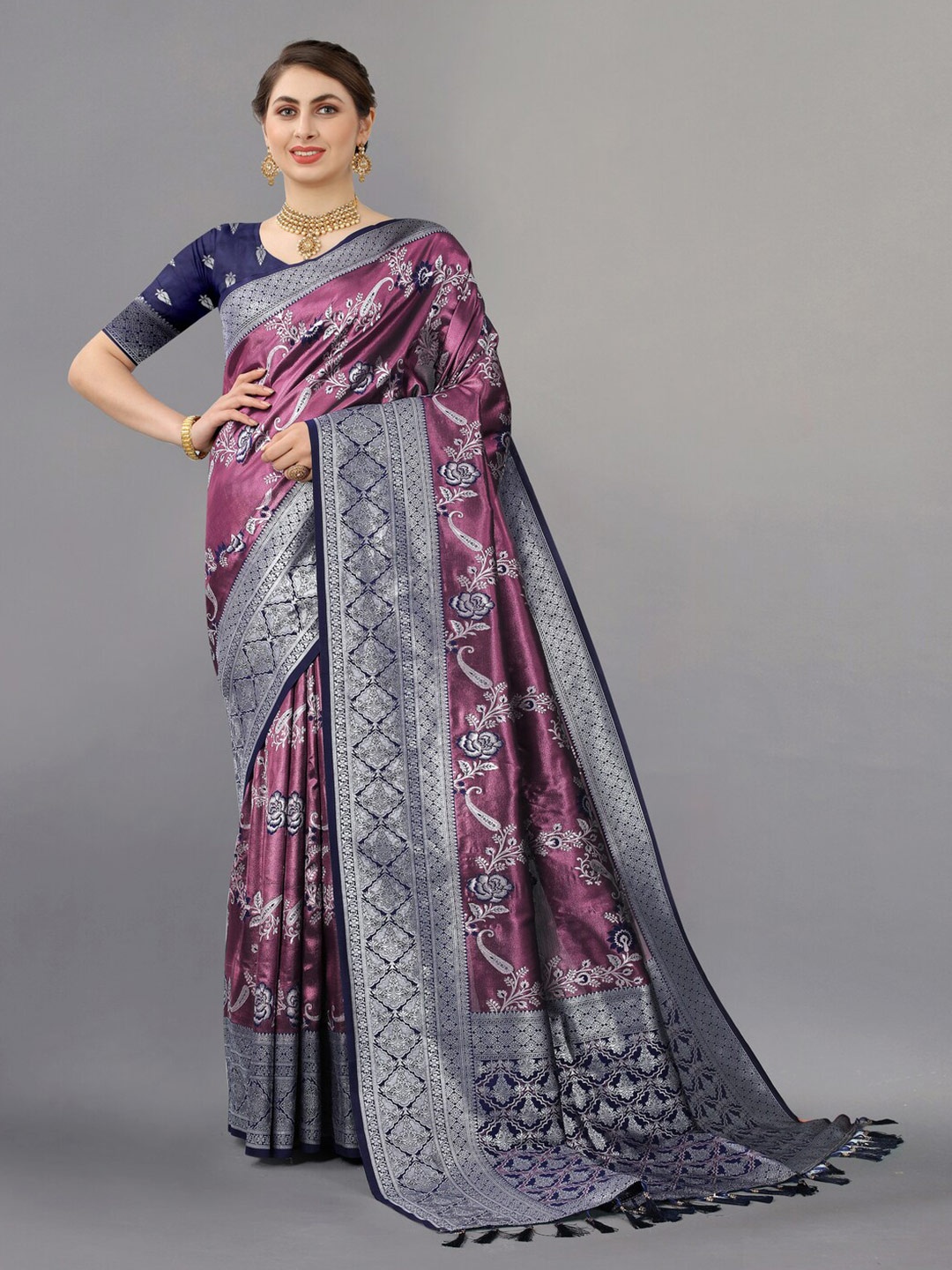 

HIRAPARA ENTERPRICE Ethnic Motifs Woven Design Zari Pure Silk Banarasi Saree, Navy blue