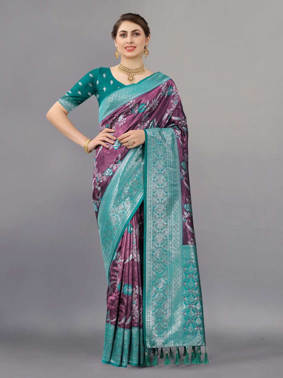 

HIRAPARA ENTERPRICE Ethnic Motifs Woven Design Zari Pure Silk Banarasi Saree, Teal