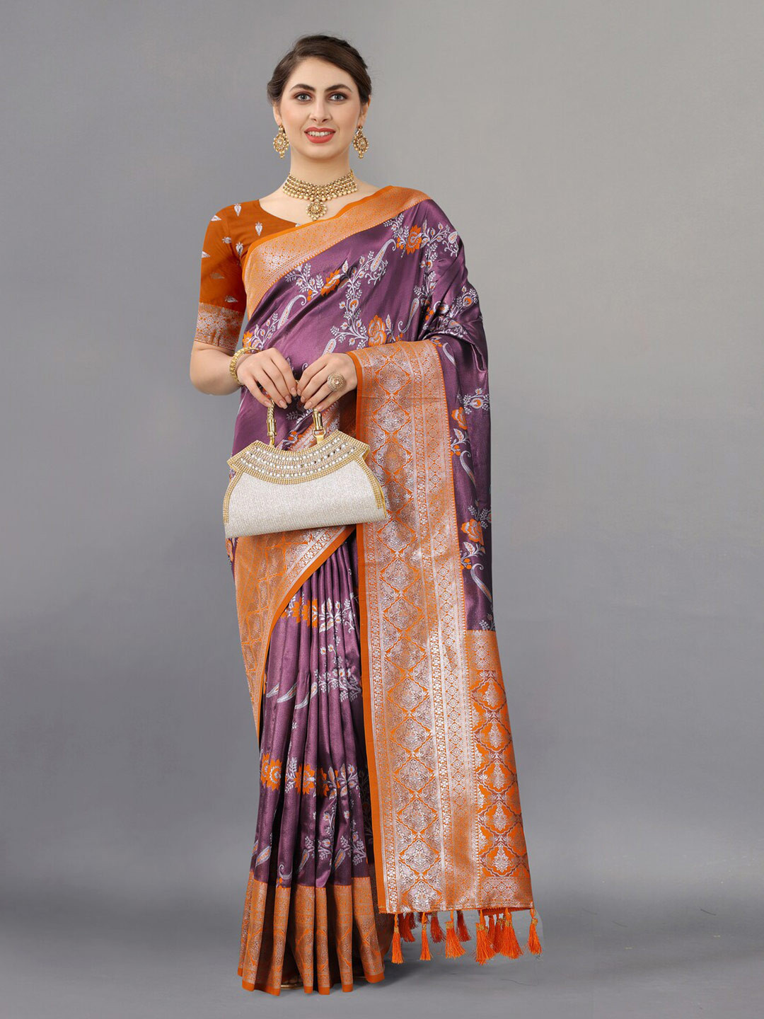 

HIRAPARA ENTERPRICE Ethnic Motifs Woven Design Zari Pure Silk Banarasi Saree, Orange