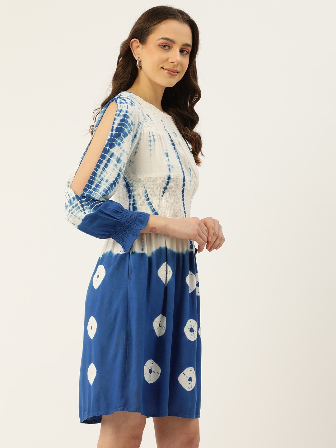 

MISRI Tie & Dye Dyed Slit Sleeves A-Line Dress, Blue