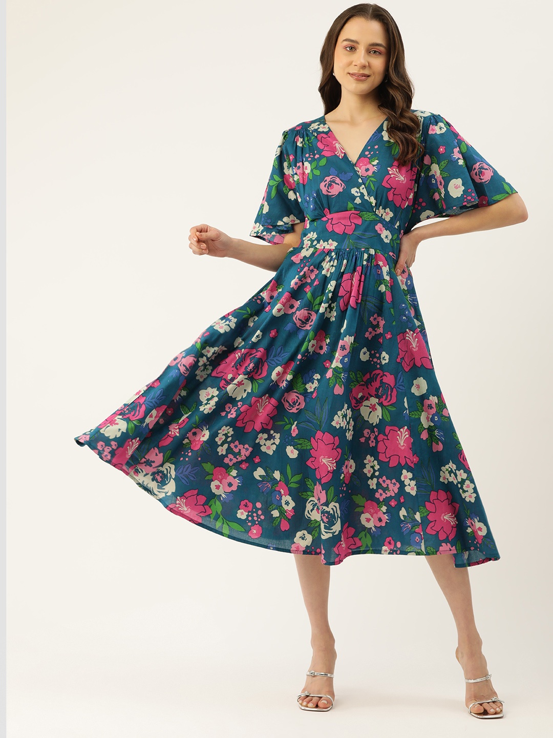 

MISRI Floral Print Flared Sleeves Midi Wrap Dress, Blue